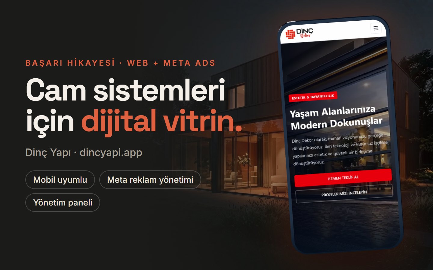 Dinç Yapı için teslim ettiğimiz kurumsal web sitesi, mobil görünüm